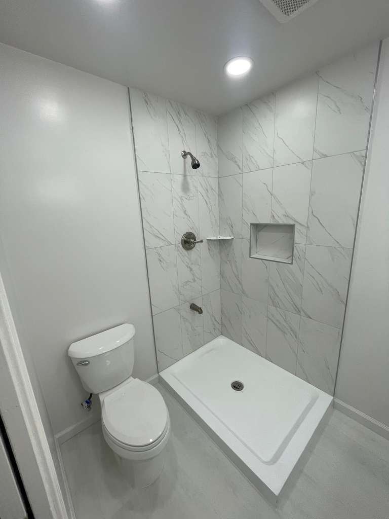 Luxury bathroom remodel with marble shower in Silicon Valley home